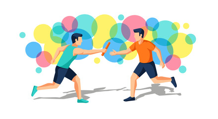 Teamwork and collaboration concept with two runners passing baton in abstract colorful design for motivation and inspiration