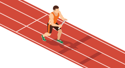Obraz premium Isometric illustration of athlete running with baton on track for relay race and sports event poster