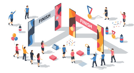 Colorful marathon finish line celebration with athletes and cheerful crowd illustration