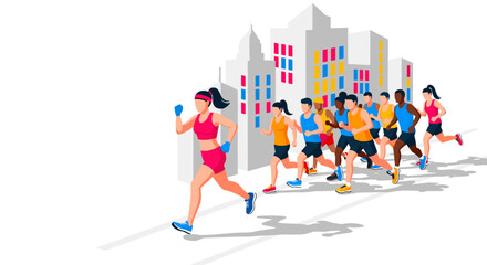 Group of diverse runners in urban marathon scene for fitness and sports design