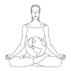 A woman meditating with planet Earth on her lap. Part of a square-format eco illustration set about peace, mindfulness, and nature.