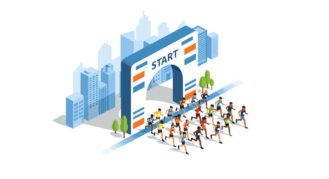 Marathon run starting line with runners and cityscape background for event poster design