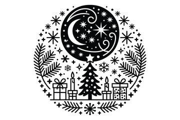Black and white christmas scene in circular ornament style