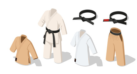 Martial arts uniforms and black belts for karate and judo training design