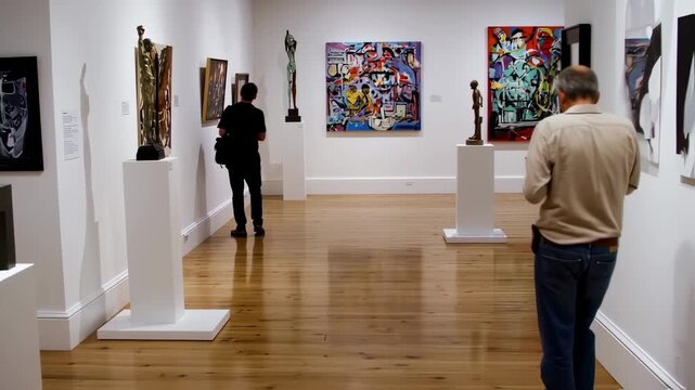 Two People Exploring a Modern Art Gallery with Various Paintings and Sculptures