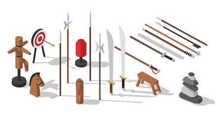 Martial arts training equipment and weaponry collection for design and decoration