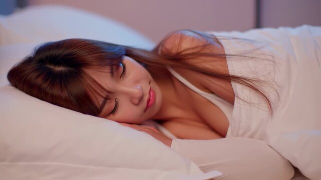 Young Asian Woman Sleeping Peacefully on a White Pillow in Bed