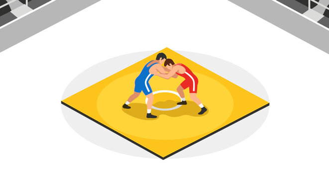 Competitive wrestling match scene on yellow mat in arena