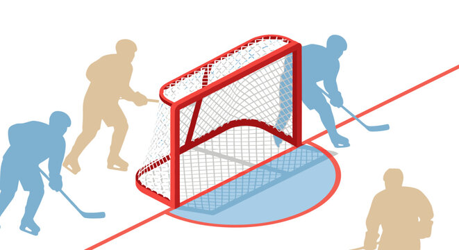 Ice hockey enthusiasts playing game near red goal net for sports design and poster