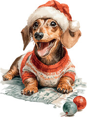 Adorable watercolor rendering of a cute dachshund happily wearing a festive Santa Christmas outfit - vector illustration