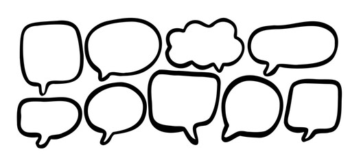 Fototapeta premium Speech thought bubble, simple rough hand-drawn doodle style. Black outline vector illustration of various shapes (oval square cloud) for text, conversation, dialogue. Blank comic book isolated element