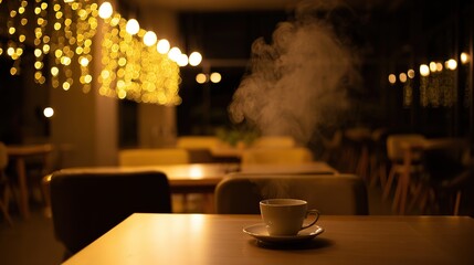 shallow. Cozy cafe interior with warm lighting and steam from coffee. bar promotions, beverage menus, designed for food & beverage menus and cafe branding, used by logistics managers.shallow. Cozy caf