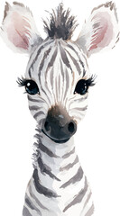 Delightful watercolor kids illustration portraying a cute zebra with soft artistic stripes and gentle charm - vector illustration