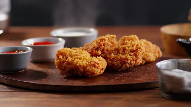 Hand picking a piece of golden crispy fried chicken from a rustic wooden serving board with dipping sauces.