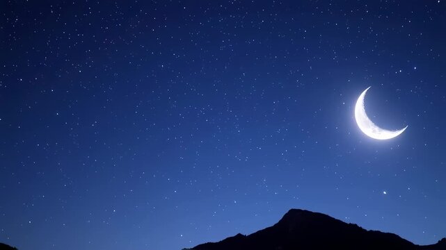 Bright Crescent Moon and Twinkling Stars Over Mountain Silhouette in Serene Night Sky