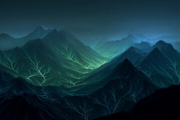 Emerald Neon Mountains at Midnight: Shadowed Peaks Glow with Veins of Light