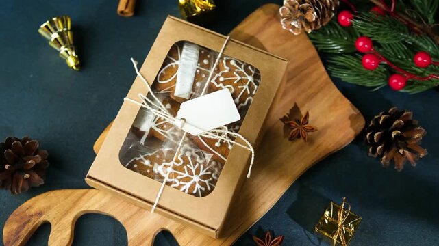 Christmas cookies gift box with snowflakes and pine cones on wooden surface