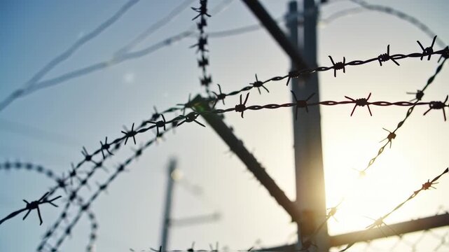 Close-up of Barbed Wire Fence with Sun Flare at Sunset or Sunrise