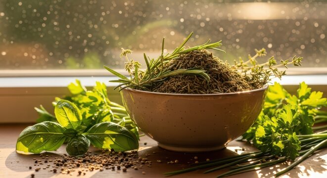 Fresh Herbs and Dried Spices in Bowl by Window with Water Droplets dried herbs rosemary