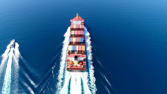 Aerial View of Large Cargo Container Ship and Speedboat Sailing on Deep Blue Ocean