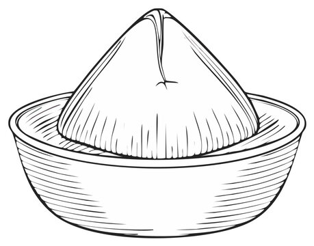 Traditional Asian conical rice hat in bowl line art illustration