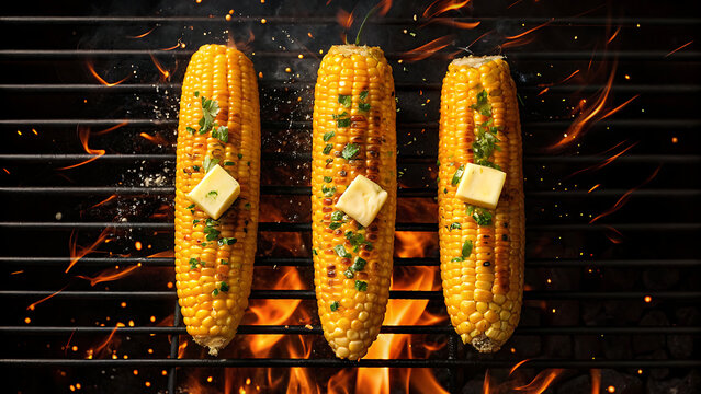 Three ears of corn cooking on a grill with melting butter and herbs close up view - Powered by Adobe