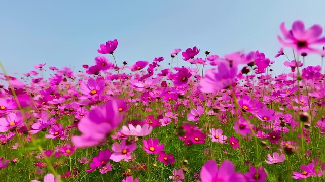 Vibrant Pink Cosmos Flowers Blooming in a Field Against a Clear Blue Sky