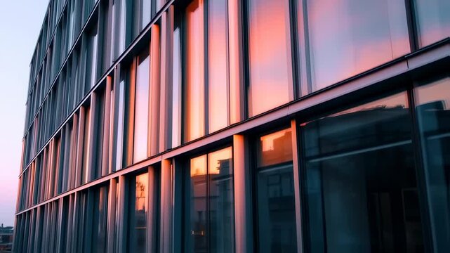 Modern Glass Building Facade Reflecting Warm Sunset Sky During Golden Hour