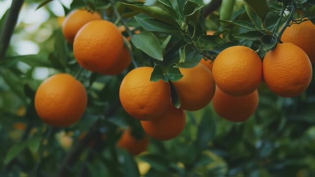 Ripe oranges growing on a tree in a sunny orchard, showcasing fresh citrus fruit and green leaves