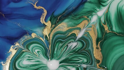 Floral arrangements in various forms, including swirls and marbles, featuring intricate details of green and gold flowers on a blue surface, as well as on a plate, capturing the essence of.