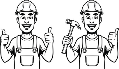 Cartoon builder giving thumbs up and holding hammer in black and white