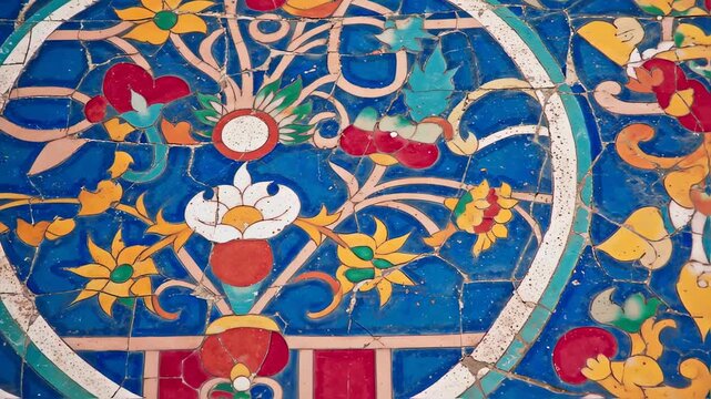 Ancient Cracked Blue and Gold Floral Mosaic Tile Art