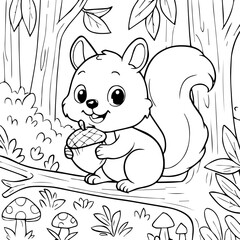Cute Cartoon Squirrel Holding Acorn on Forest Tree Branch Coloring Page