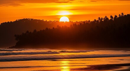 Golden sunset over ocean waves and silhouetted forest trees