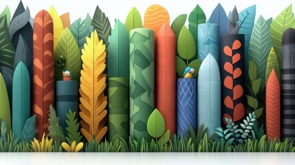 A vibrant, abstract composition featuring stylized plant forms and leaves in various colors and patterns, with two small birds perched on cylindrical elements.