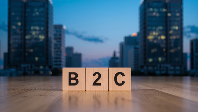 Wooden blocks with B2C acronym against an urban backdrop showcasing business to consumer model.