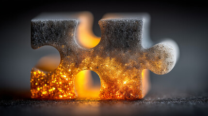 puzzle piece amidst vibrant flames, warm brown and black tones, dynamic bokeh effect, suitable for website banners, social media graphics, and presentations