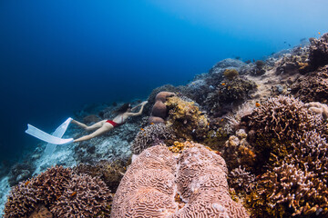 Freediver woman glides underwater in sea with corals. Freediving in Raja Ampat