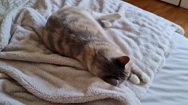 Calico Cat Lying on Soft Beige Blanket and Playfully Batting Small White Toy