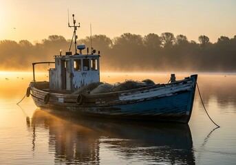 Fishing Boat at Dawn - Serene Waters and Golden Light.