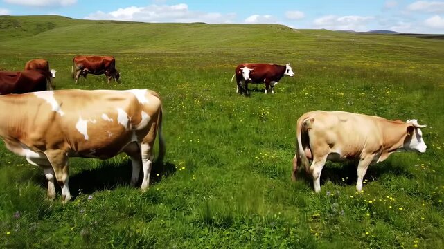 Herd of Cows Grazing in Lush Green Pasture with Rolling Hills
