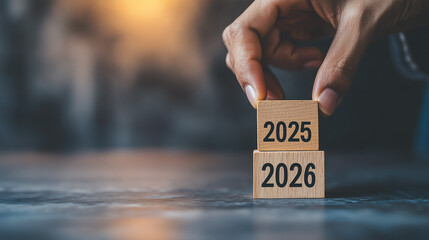 Close-up of a human hand placing a wooden block with number 6, changing year "2025" to "2026", minimalistic background, with copy space.