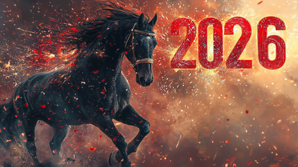 Dynamic close-up of galloping horse, sparks flying, giant red and gold "2026" digits shining behind, Chinese celebration.