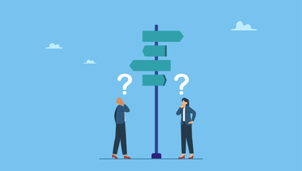 Confused businesswomen make decision choosing path. Decision choice, confusion, doubt for opportunity, challenge to choose career path, way to success or tough decision, way to solve problem.