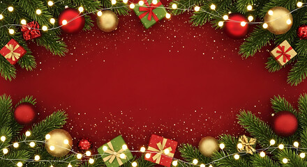Festive Christmas decorations with ornaments and gifts on red background.