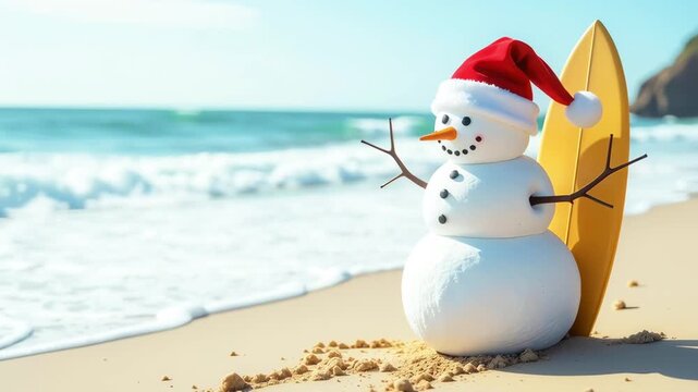 A happy snowman in Santa hat with surfboard on a sandy beach the ocean as a backdrop with space for text. Winter vacation at sea, merry Christmas trip, seasonal offers