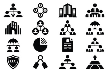 Minimal business and finance icon collection with corporate management planning and investment symbols, Clean financial service icons featuring hierarchy structure analytics and economic