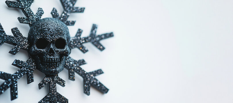 A black glitter skull snowflake on a white background. Gothic Christmas and winter holiday decoration. Spooky macabre festive banner with copy space for text