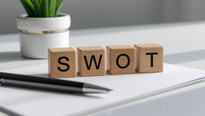 SWOT analysis displayed on a desk with wooden blocks and a plant, representing business strategy