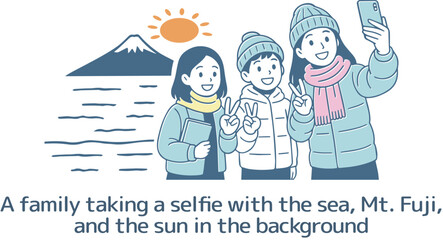 海と富士山と太陽を背景にして自撮りをしている家族
A family taking a selfie with the sea, Mt. Fuji, and the sun in the background